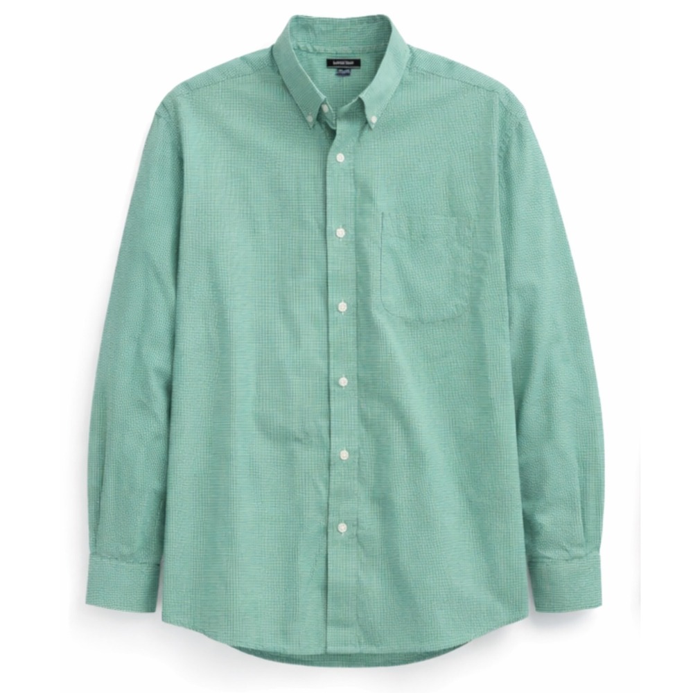 Lands End Mens 17.5 33 Green Gingham No Iron Pinpoint Oxford‎ Shirt